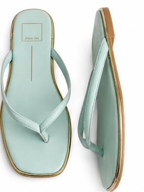 Dolce Vita Mint Leather Square-Toe Thong Sandals with Gold Trim